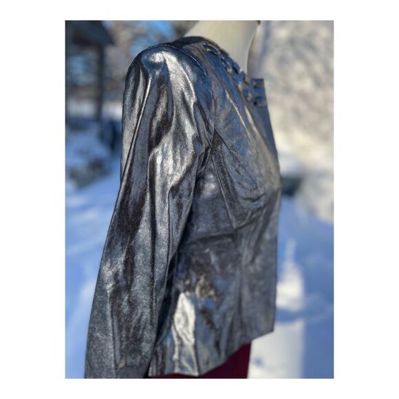 Isabel Silver Metallic Italian Leather Bomber Jacket Cobochon Studded Sz M - Picture 8 of 12